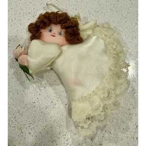 Vintage Handmade Stuffed Satin Angel Christmas Ornament White